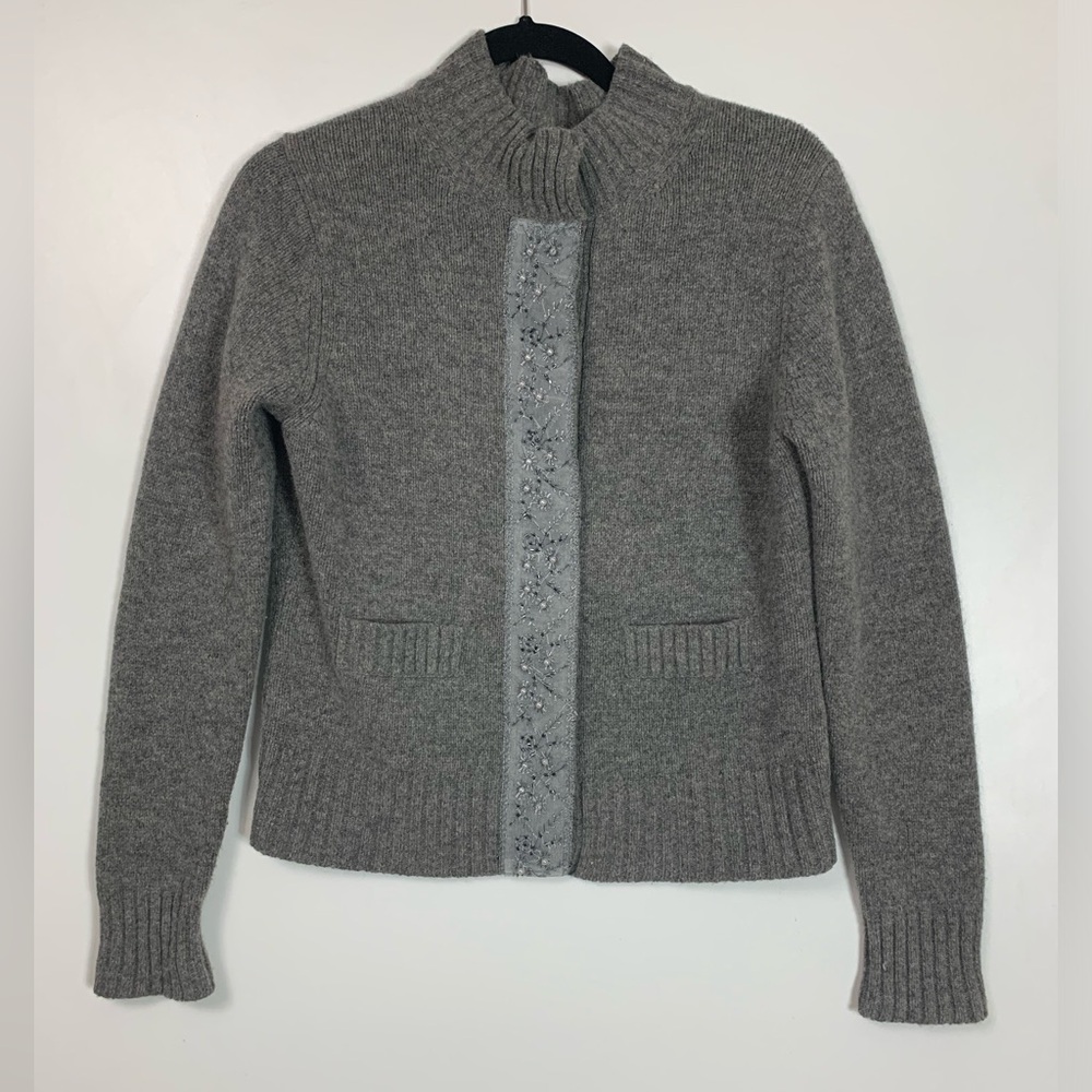 Garnet Hill Womens 100% Lambswool Cardigan Medium Grey Mock Neck Beading *Read